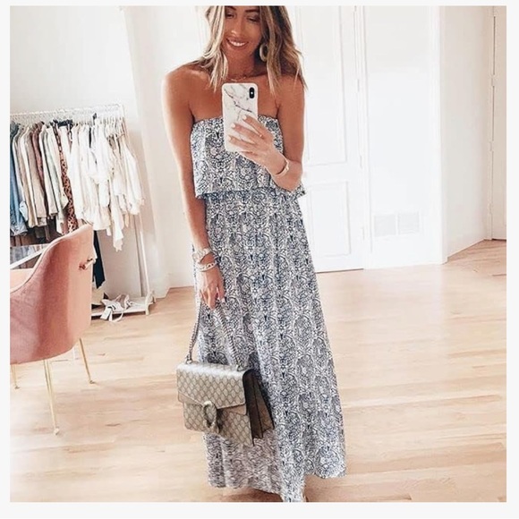 Women's Off The Shoulder Maxi Dress Ruffle Strapless Blue White Porcelain Boho - Picture 2 of 3